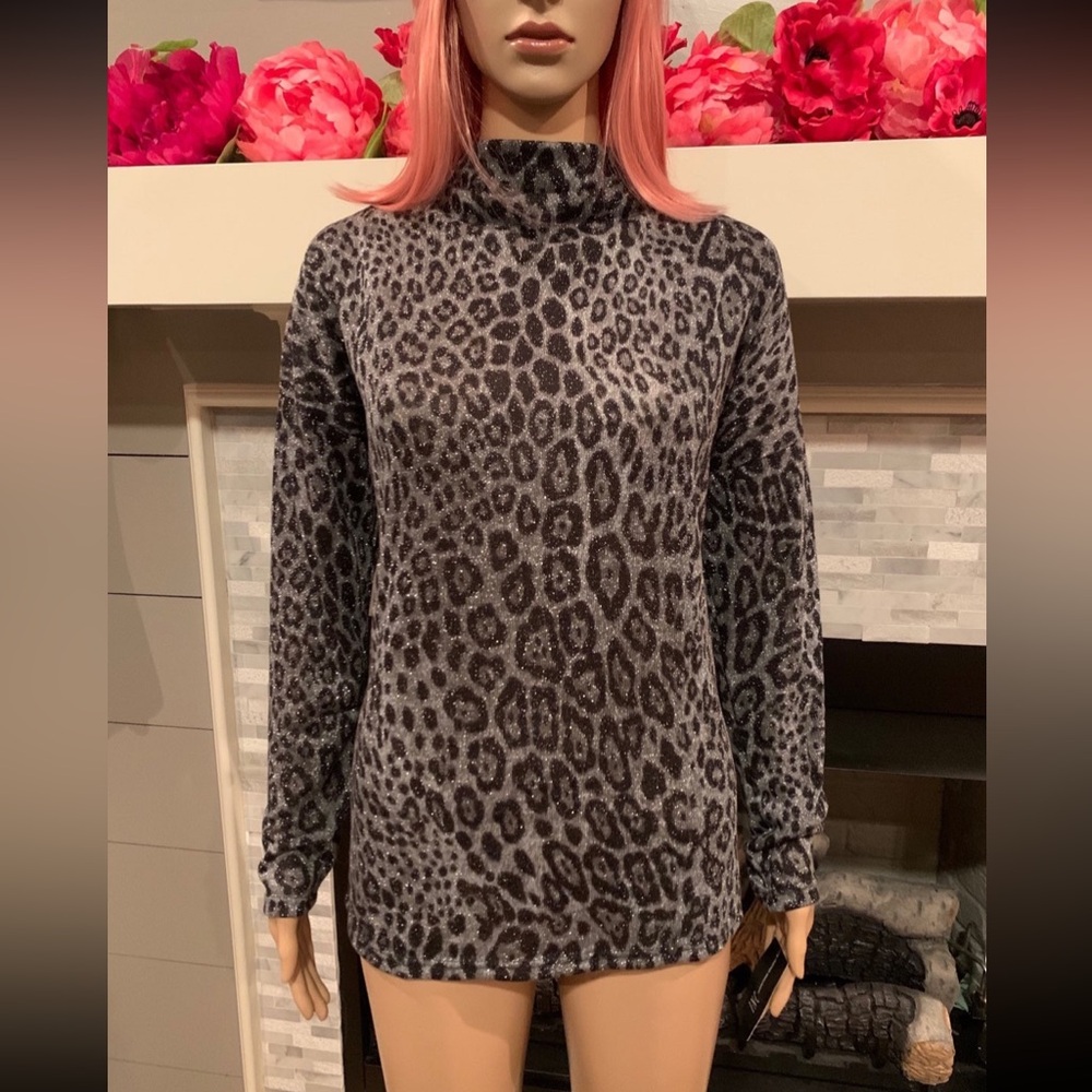 INC international concepts Medium Heather Gray Shimmery Animal Print Blouse Top